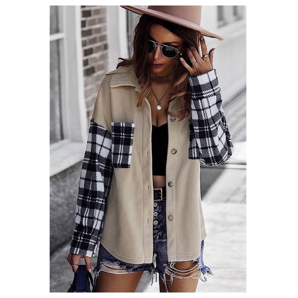 Beige Shacket with Black & White Plaid Sleeves